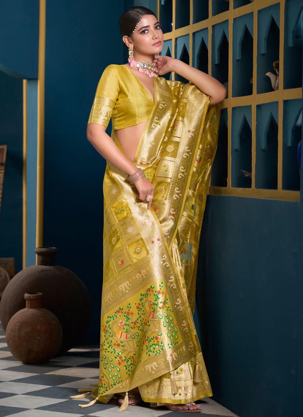 Traditional Multi Work Green, Mustard Organza Saree S13189
