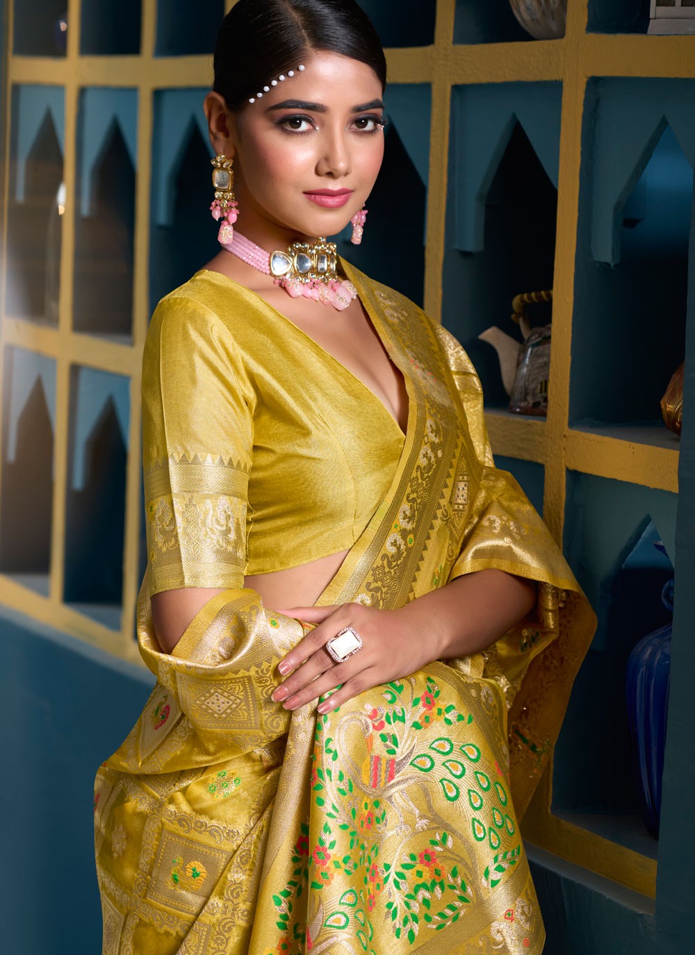 Traditional Multi Work Green, Mustard Organza Saree S13189
