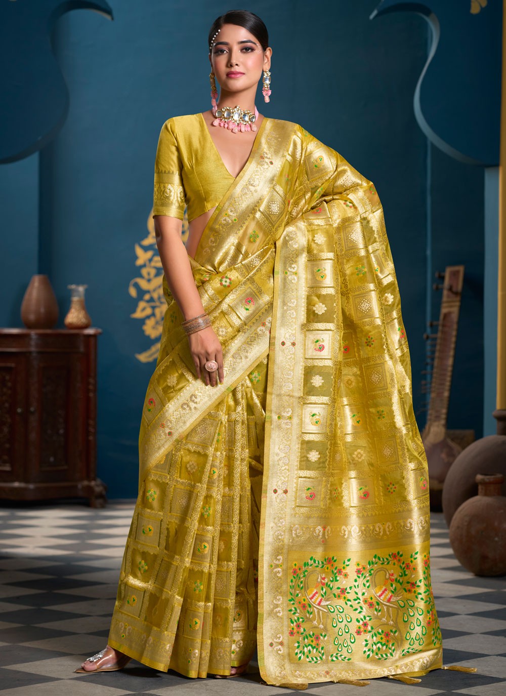 Traditional Multi Work Green, Mustard Organza Saree S13189