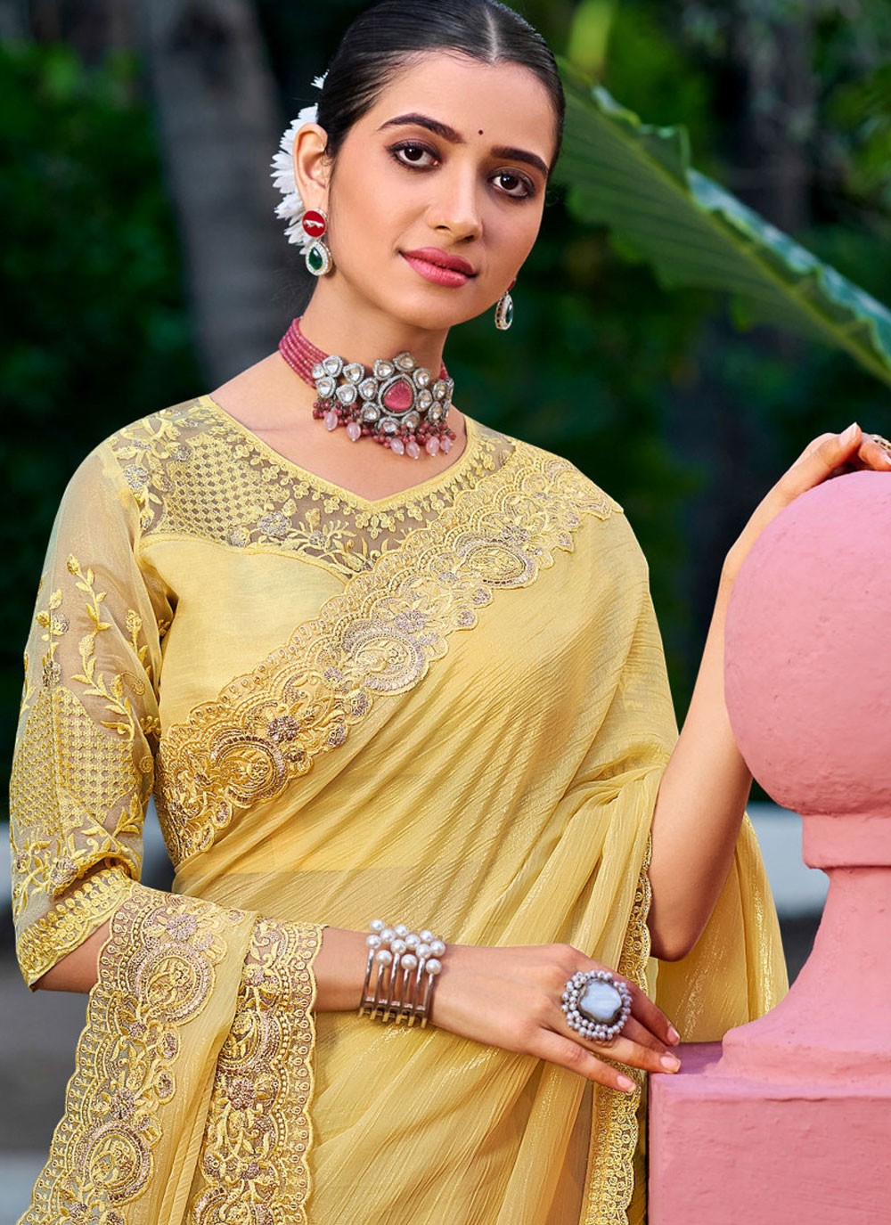Yellow Silk Traditional Saree Embroidered, Lace S20132