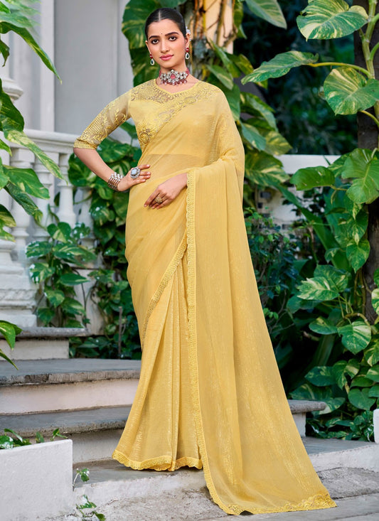 Yellow Silk Traditional Saree Embroidered, Lace S20132