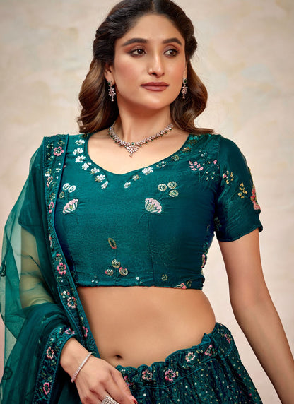 Embroidered Silk Morpeach Lehenga - L3267
