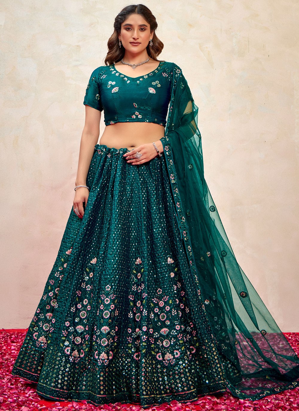 Embroidered Silk Morpeach Lehenga - L3267