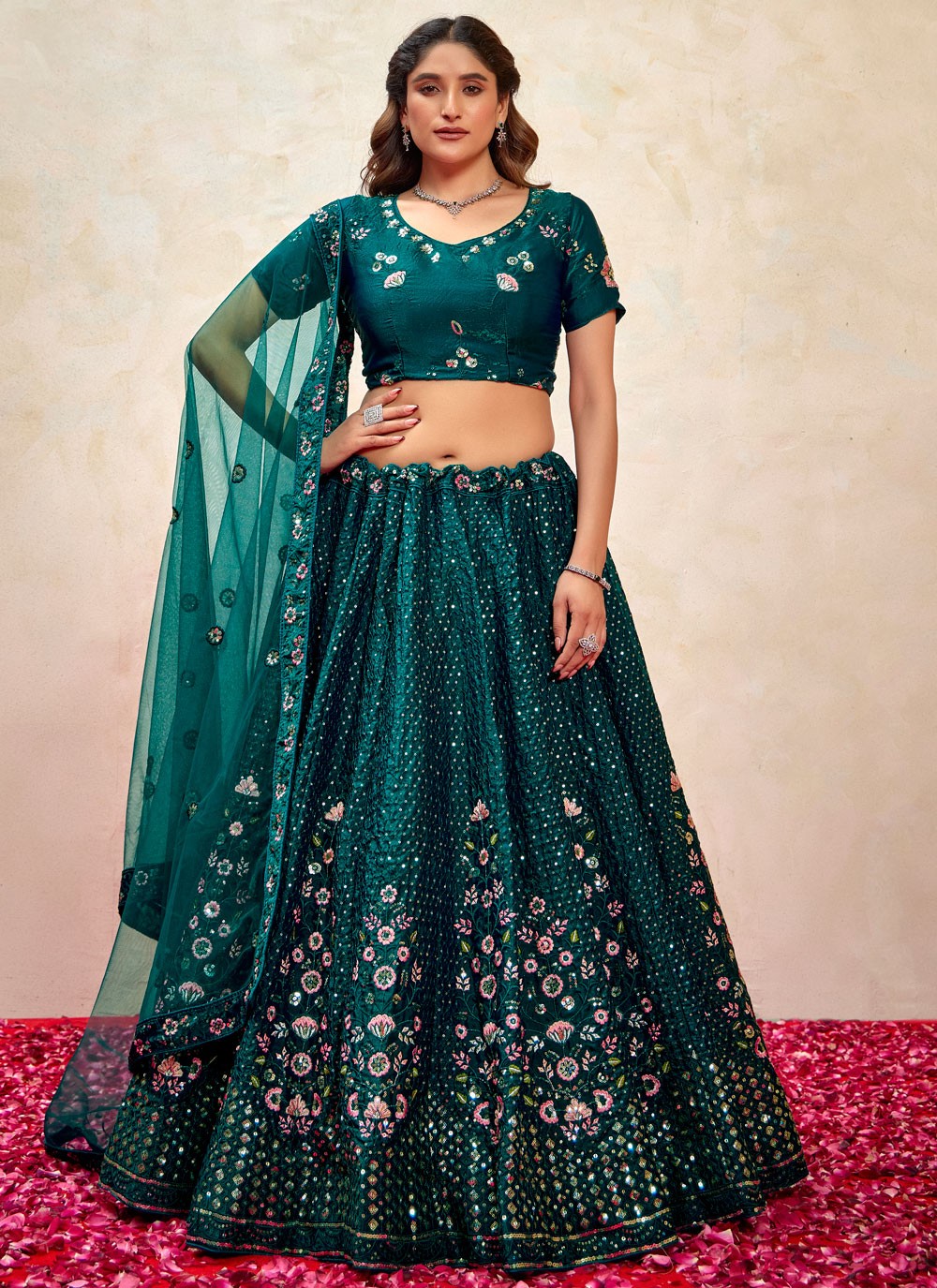 Embroidered Silk Morpeach Lehenga - L3267