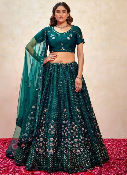Embroidered Silk Morpeach Lehenga - L3267