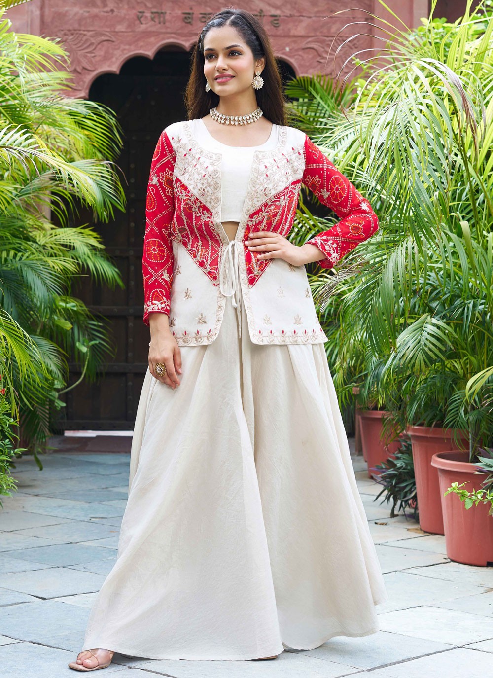 Palazzo Suit Cord, Embroidered, Thread Red T7673