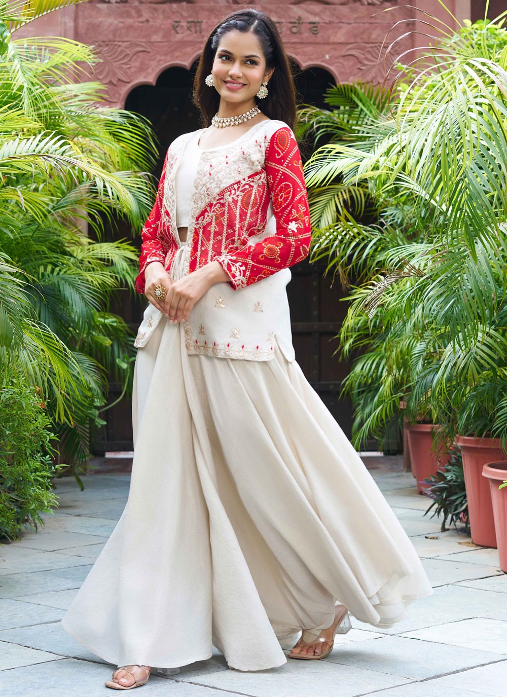 Palazzo Suit Cord, Embroidered, Thread Red T7673