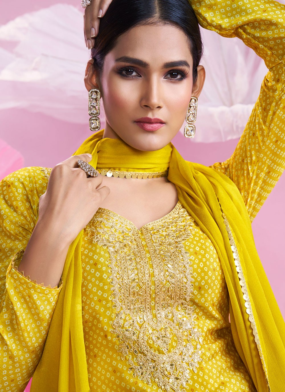 Salwar Suit Embroidered Yellow Chinon T5600