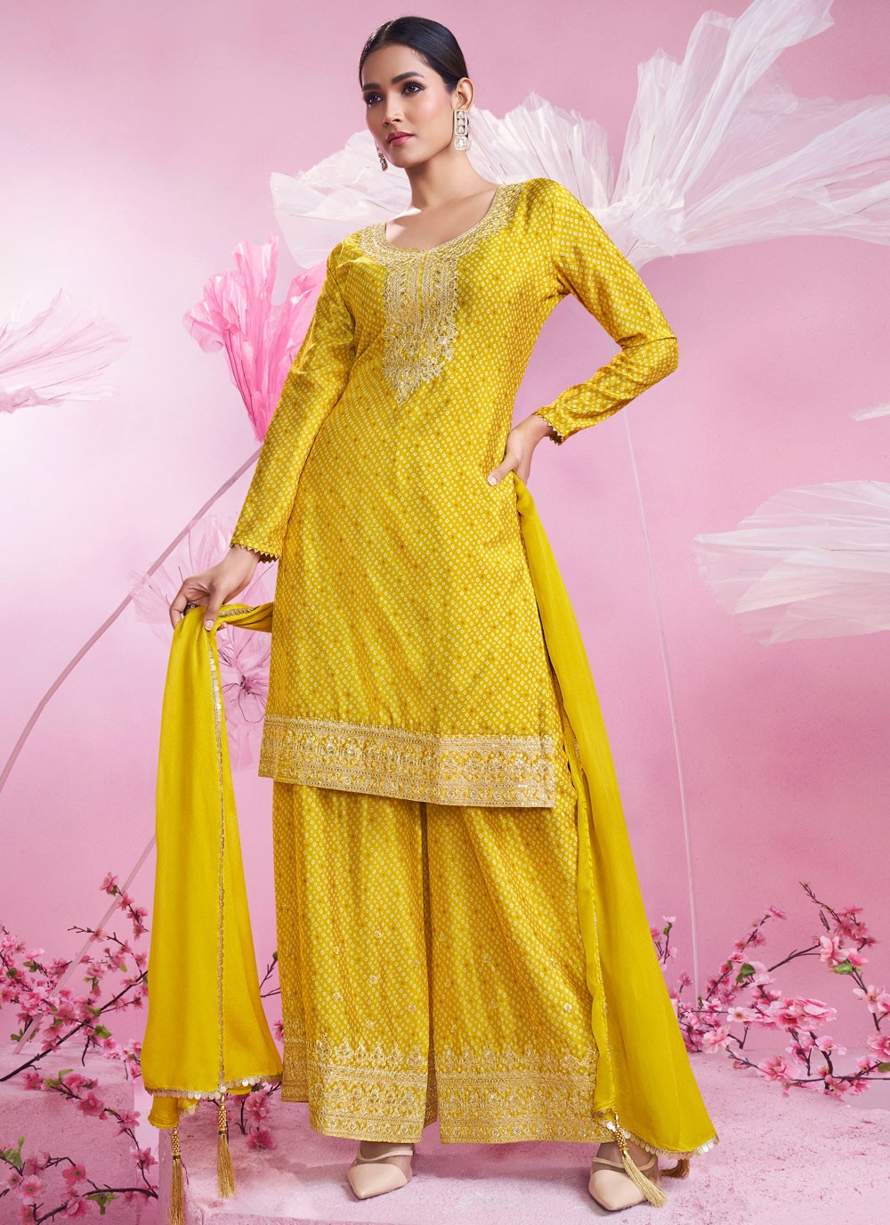 Salwar Suit Embroidered Yellow Chinon T5600