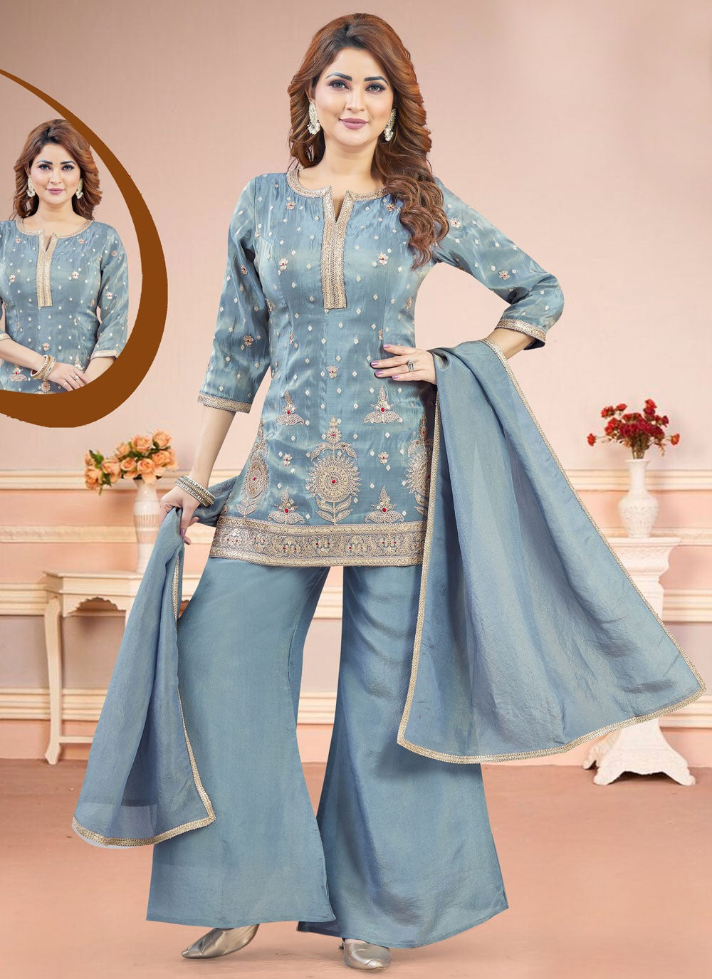 Salwar Suit Embroidered Blue Silk T5851