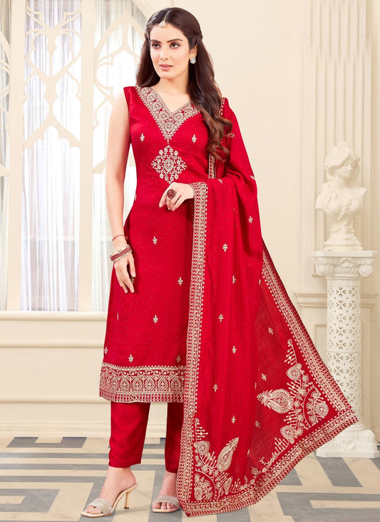 Salwar Suit Embroidered Red Silk T5657