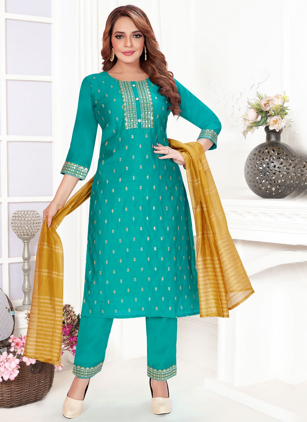 Salwar Suit Jacquard Work Turquoise Silk T5711