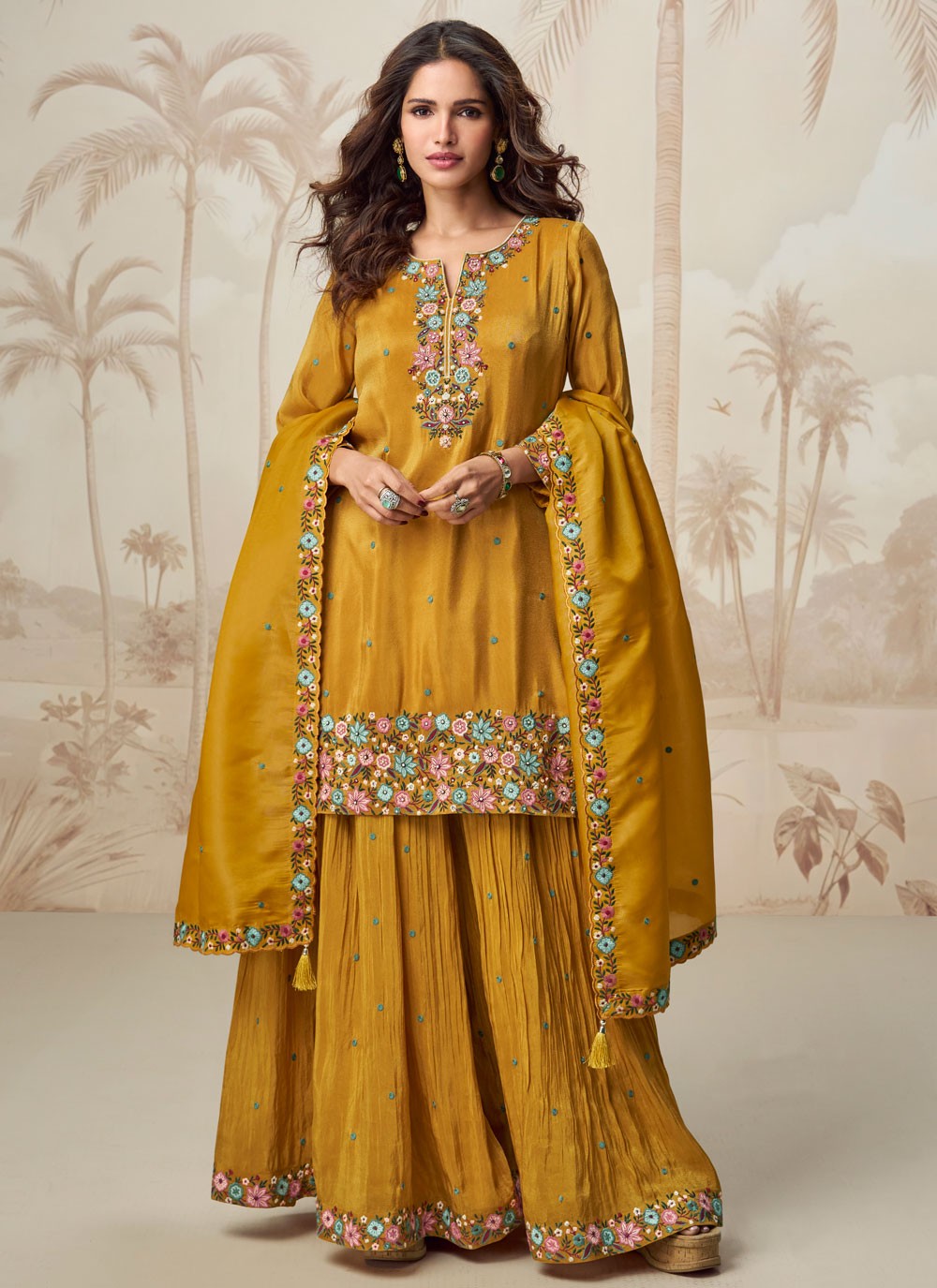 Sharara Suit Embroidered, Stones Mustard T6818