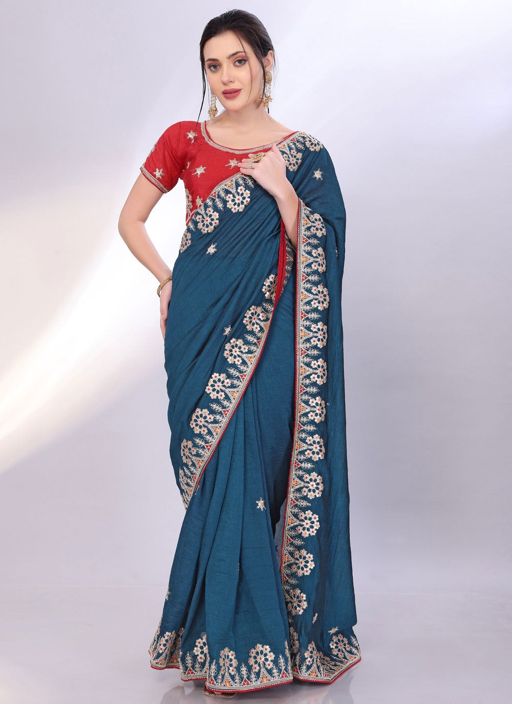 Embroidered Silk Morpeach Saree S13826