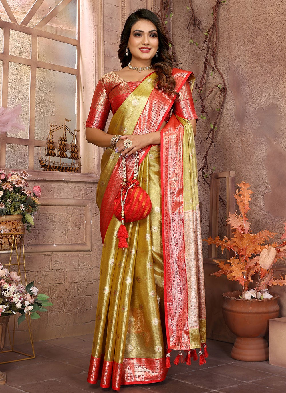 Woven Silk Mustard Saree S14614