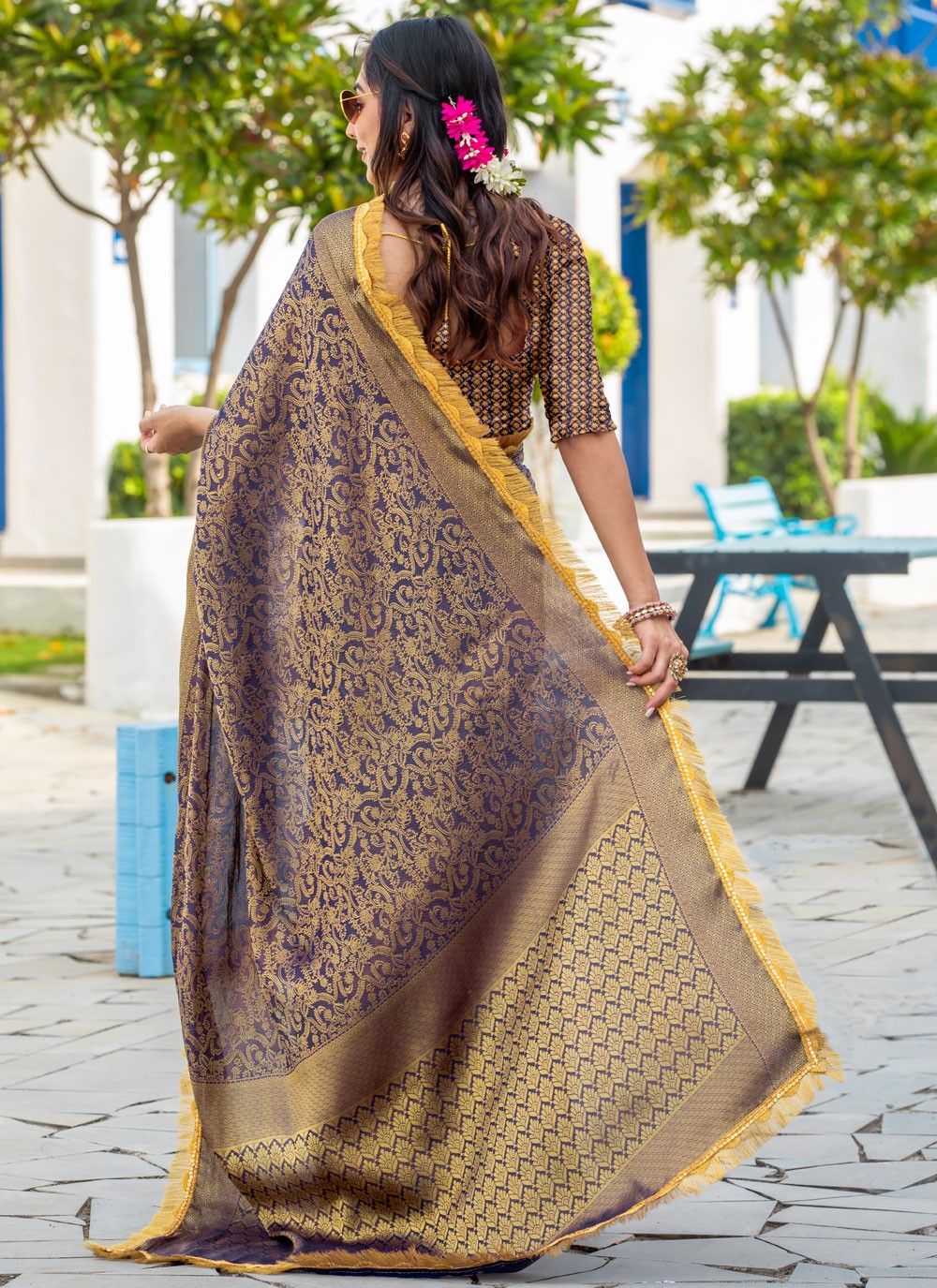 Woven Brocade Navy Blue Saree S14736