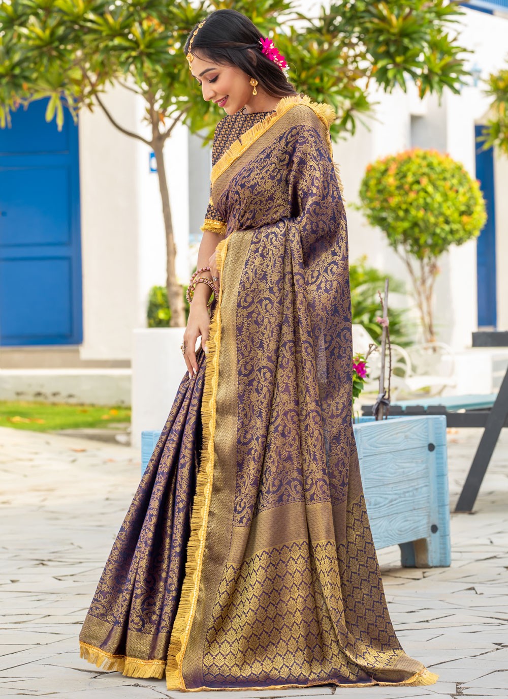Woven Brocade Navy Blue Saree S14736