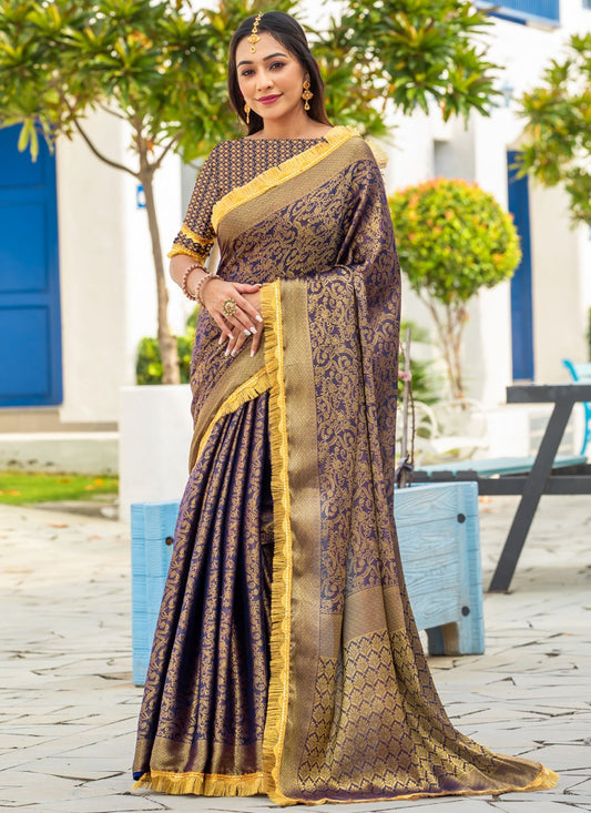 Woven Brocade Navy Blue Saree S14736