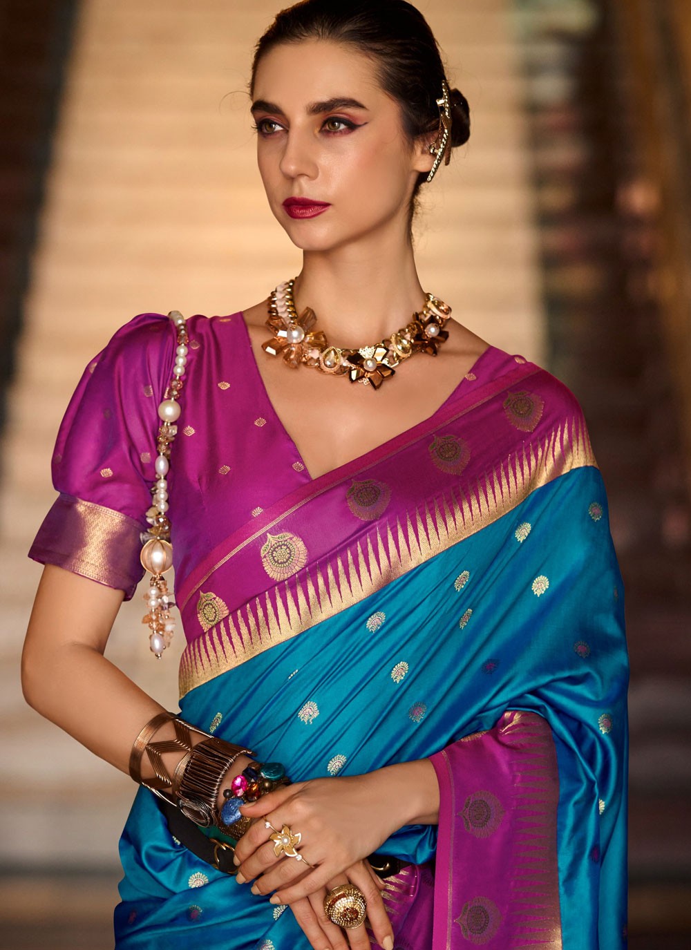 Weaving Zari Silk Blue Trendy Saree S14858