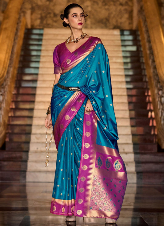 Weaving Zari Silk Blue Trendy Saree S14858
