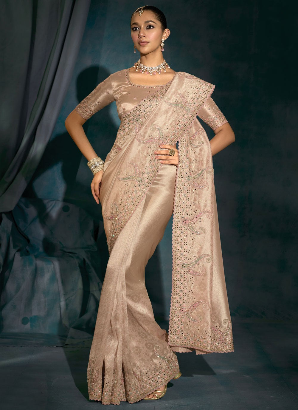 Pink Silk Trendy Saree Embroidered, Mirror, Moti, Thread, Zari S19716