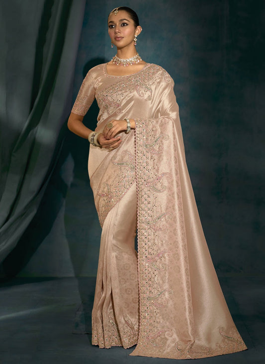 Pink Silk Trendy Saree Embroidered, Mirror, Moti, Thread, Zari S19716