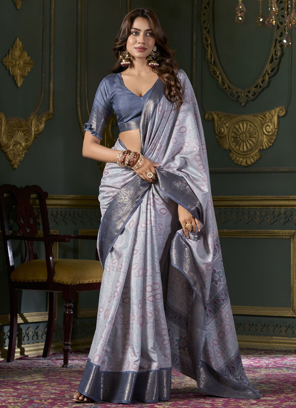 Contemporary Foliage Prints Silk Saree - S9095
