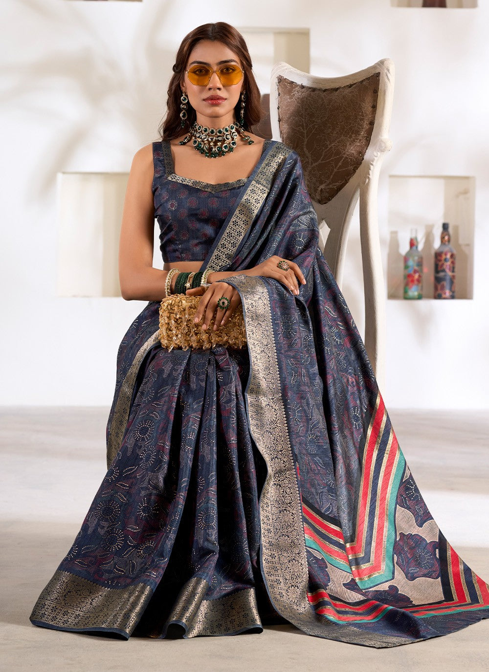 Classic Foliage Prints Silk Saree - S7160