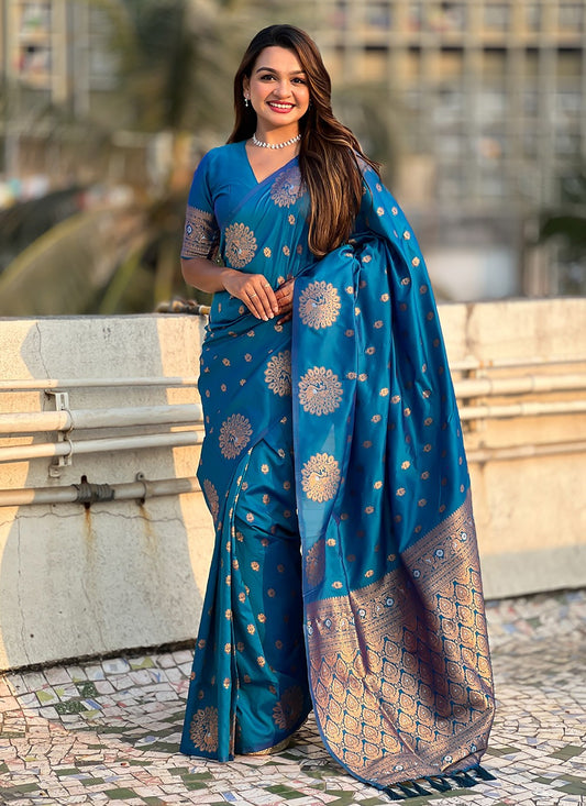 Woven Silk Teal Saree S14681