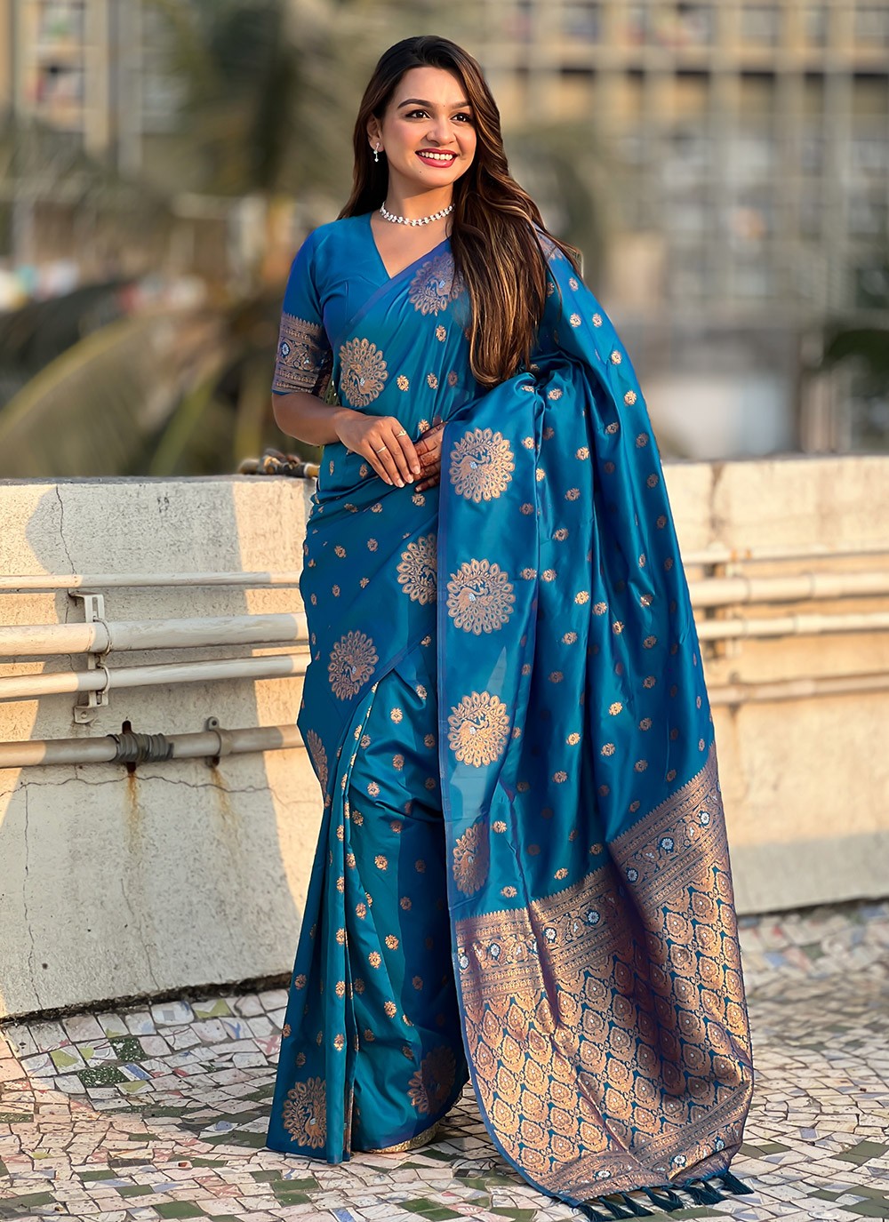 Woven Silk Teal Saree S14681
