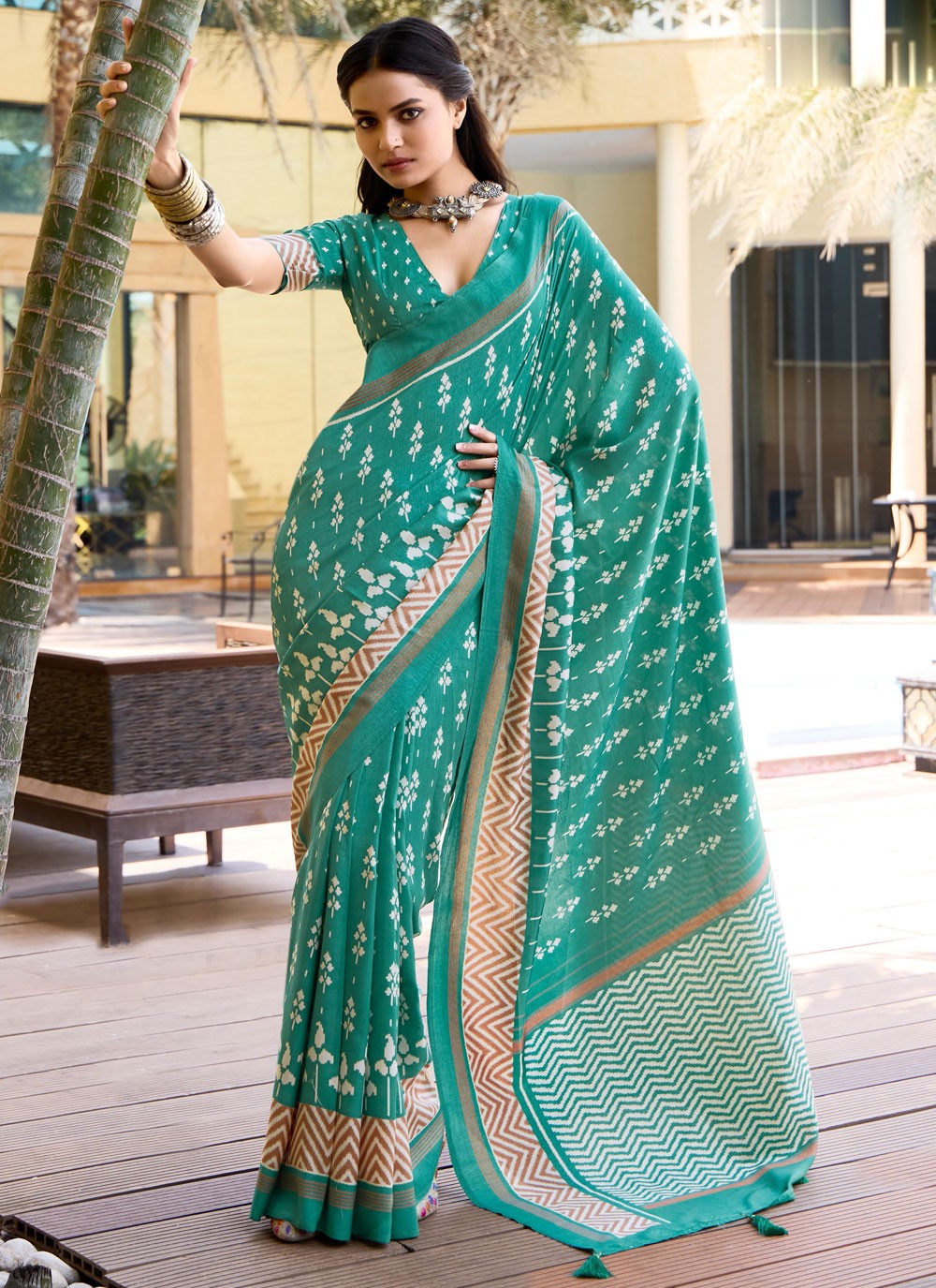 Turquoise Silk Designer Saree Printed S17076