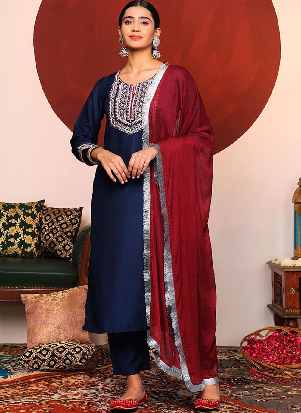 Salwar Suit Embroidered Turquoise Silk T5282