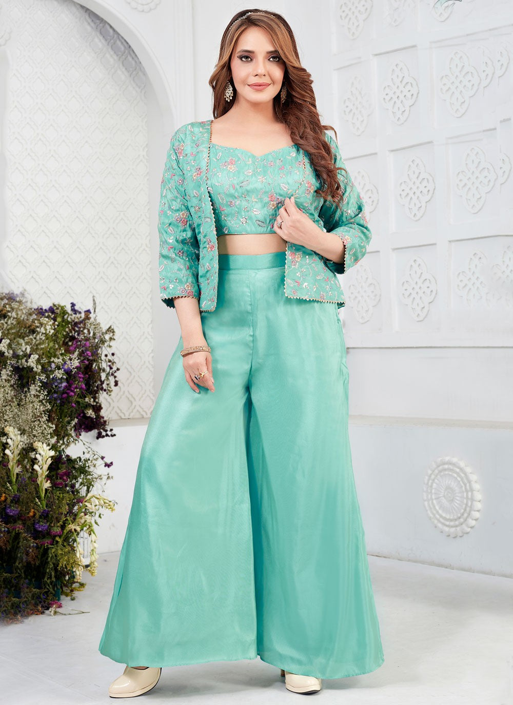 Jacket Style Suit Embroidered Turquoise Silk T5877