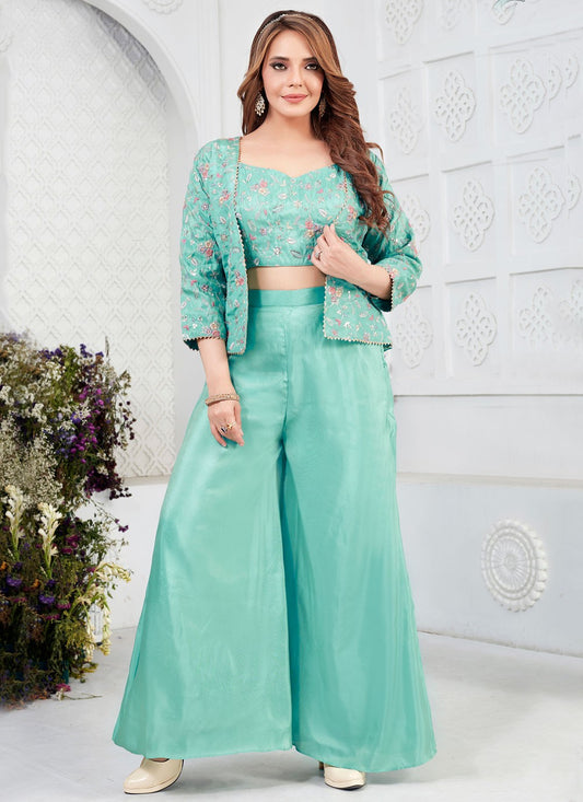 Jacket Style Suit Embroidered Turquoise Silk T5877