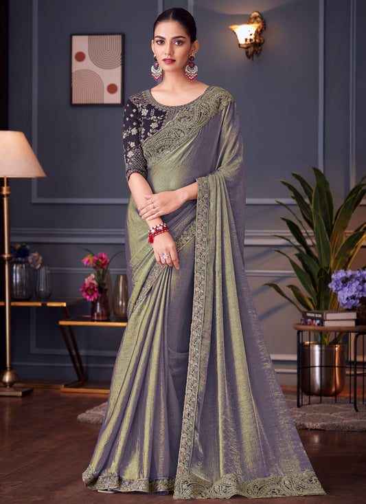 Violet Silk Contemporary Saree Border Work, Cut Work, Embroidered, Zari S16683