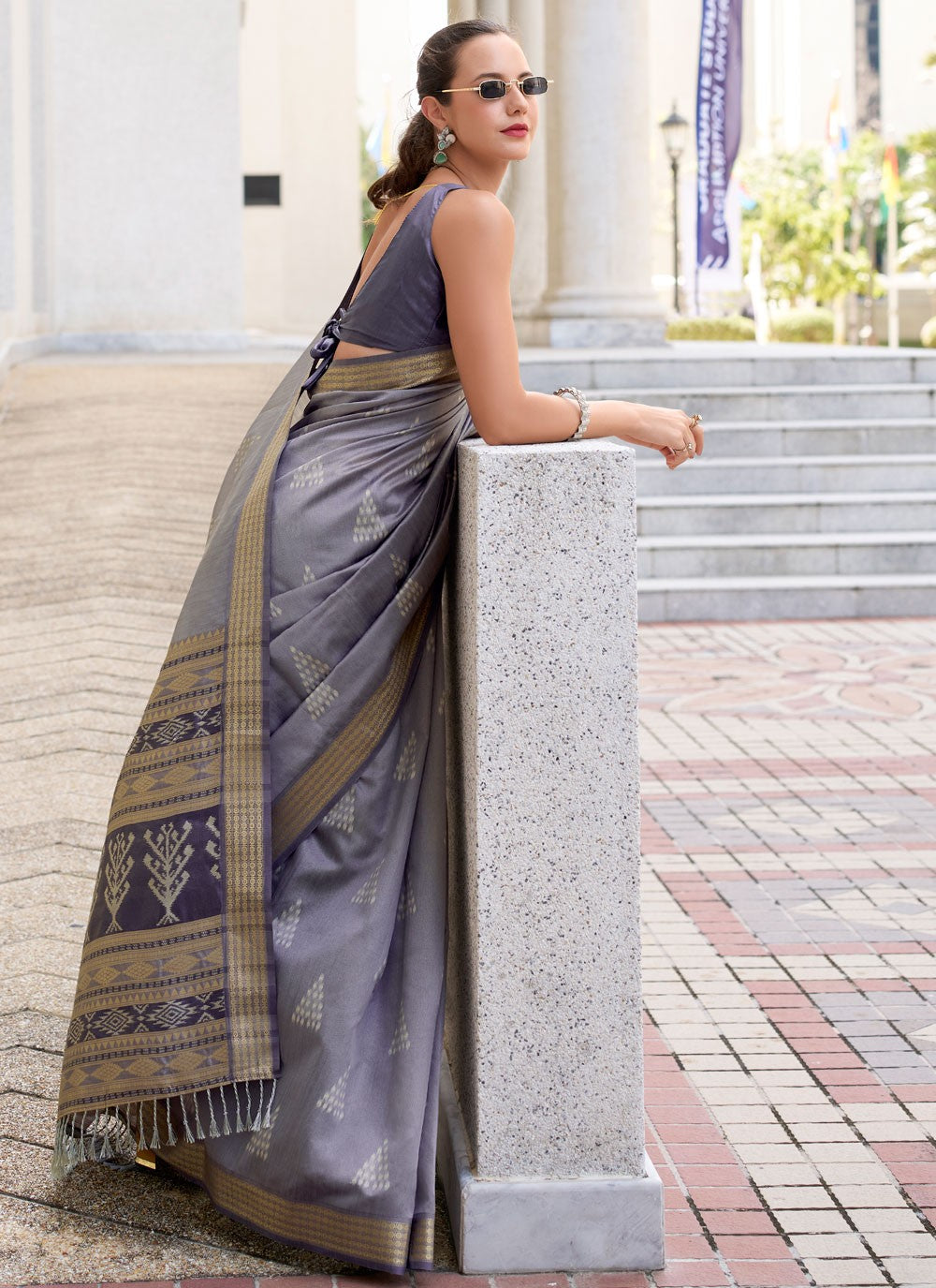 Classic Saree Weaving Zari Blue, Grey Rayon Saree S12625