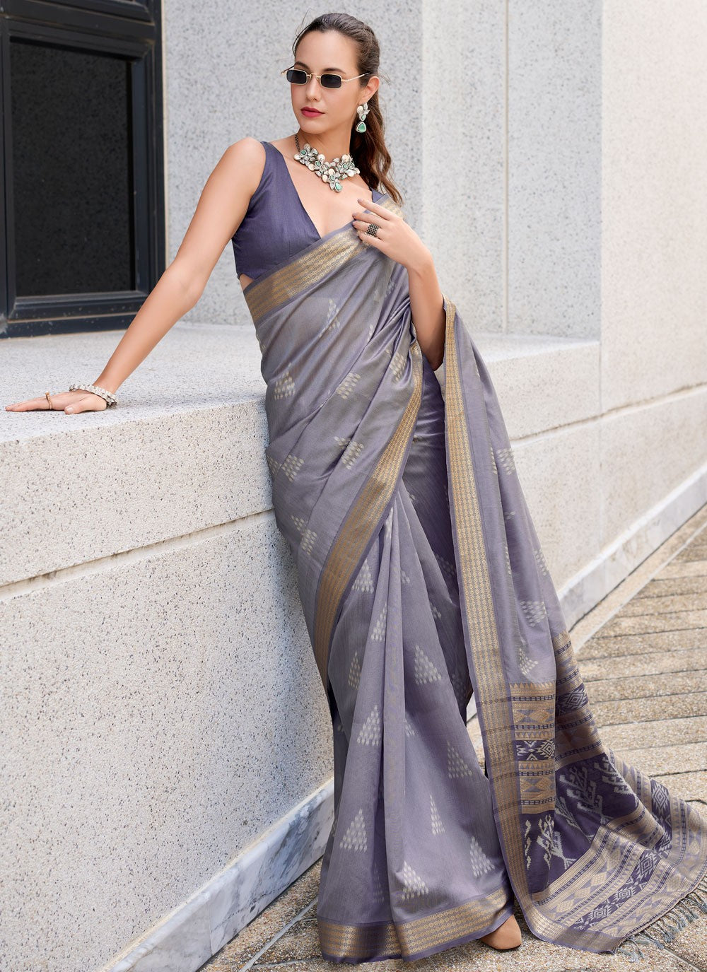 Classic Saree Weaving Zari Blue, Grey Rayon S12625