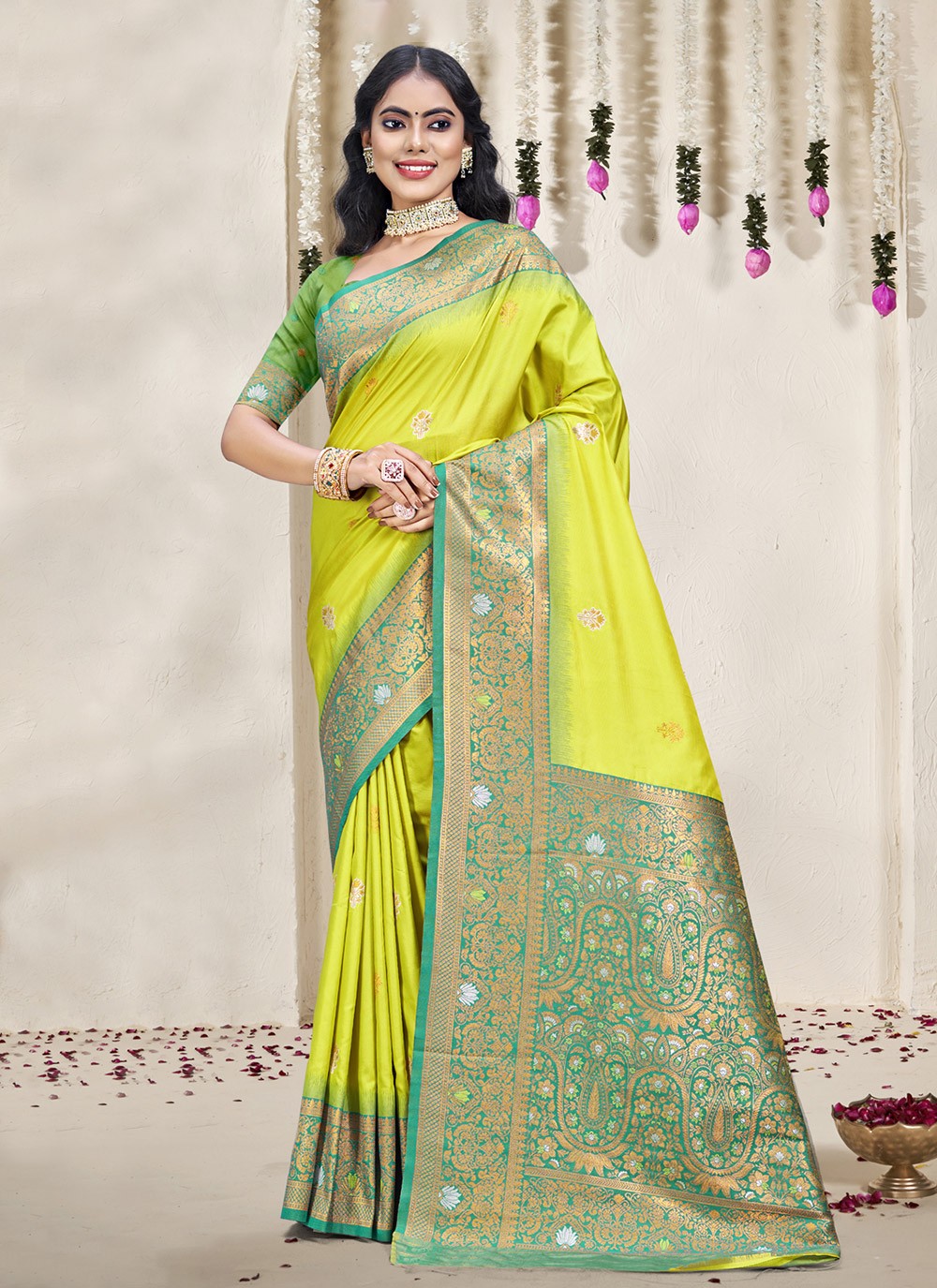 Contemporary Weaving Zari Silk Morpeach Saree - S11186
