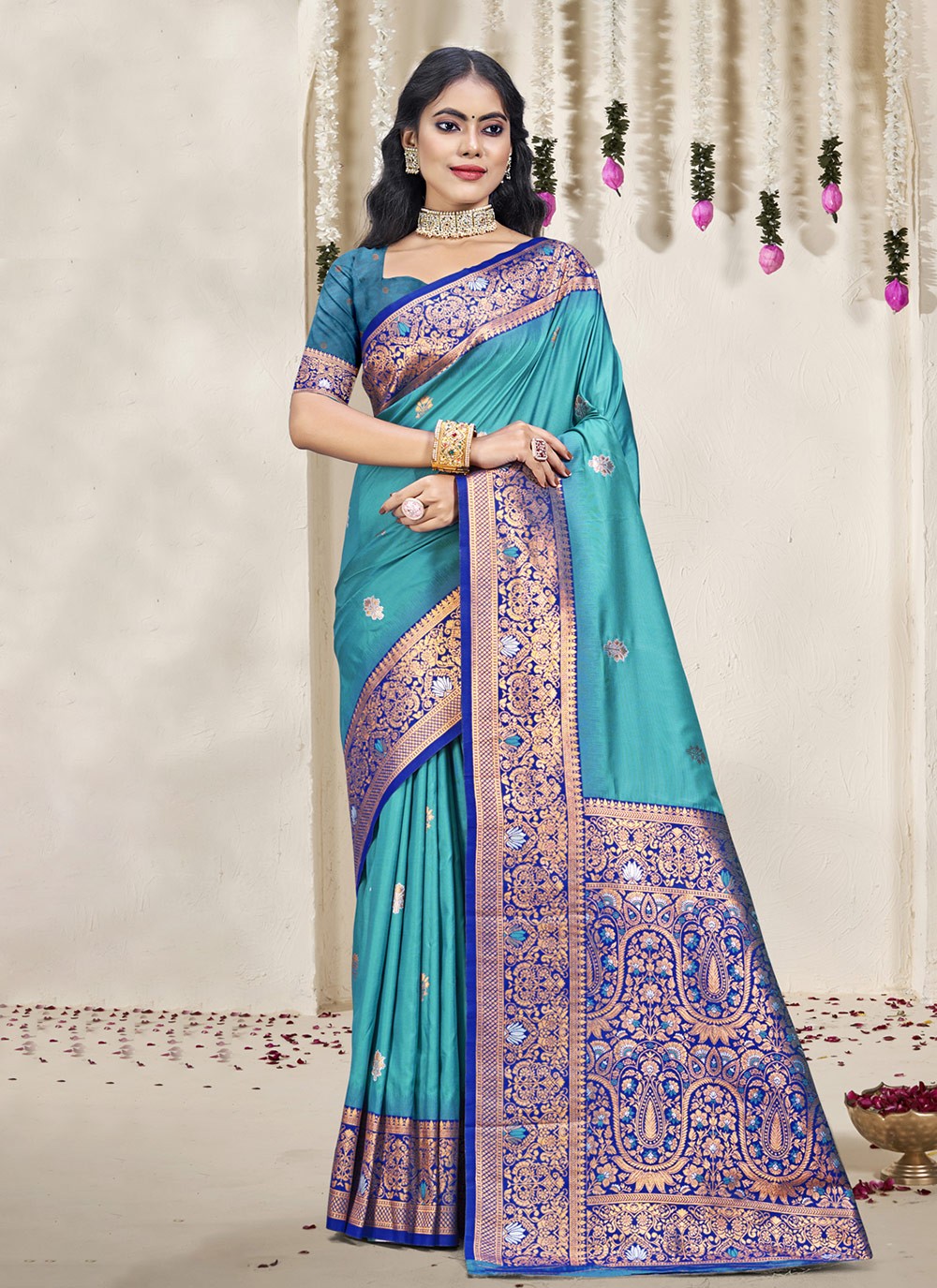 Contemporary Weaving Zari Silk Morpeach Saree - S11186