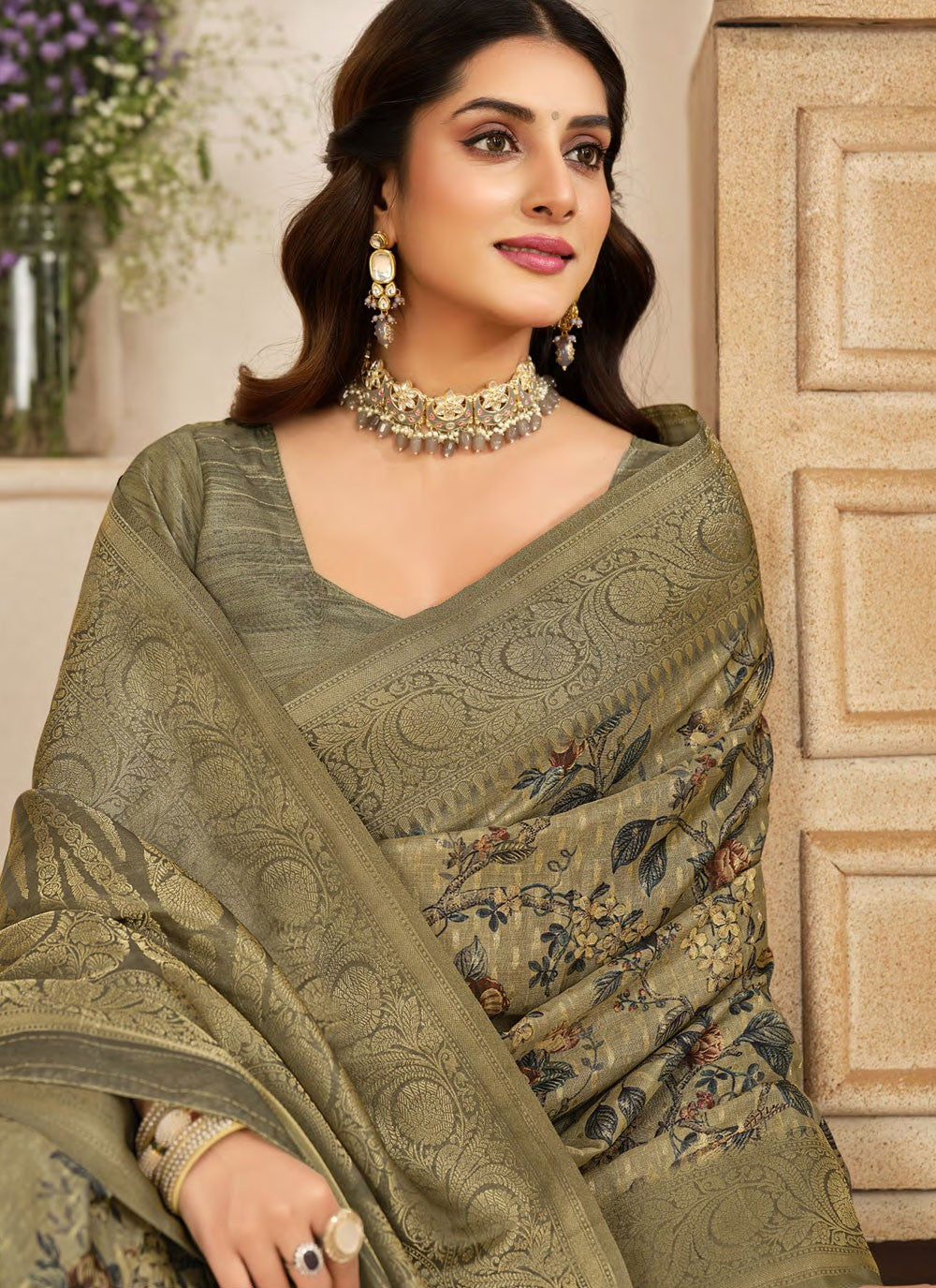 Designer Weaving Zari Brown, Grey Silk Saree S13320