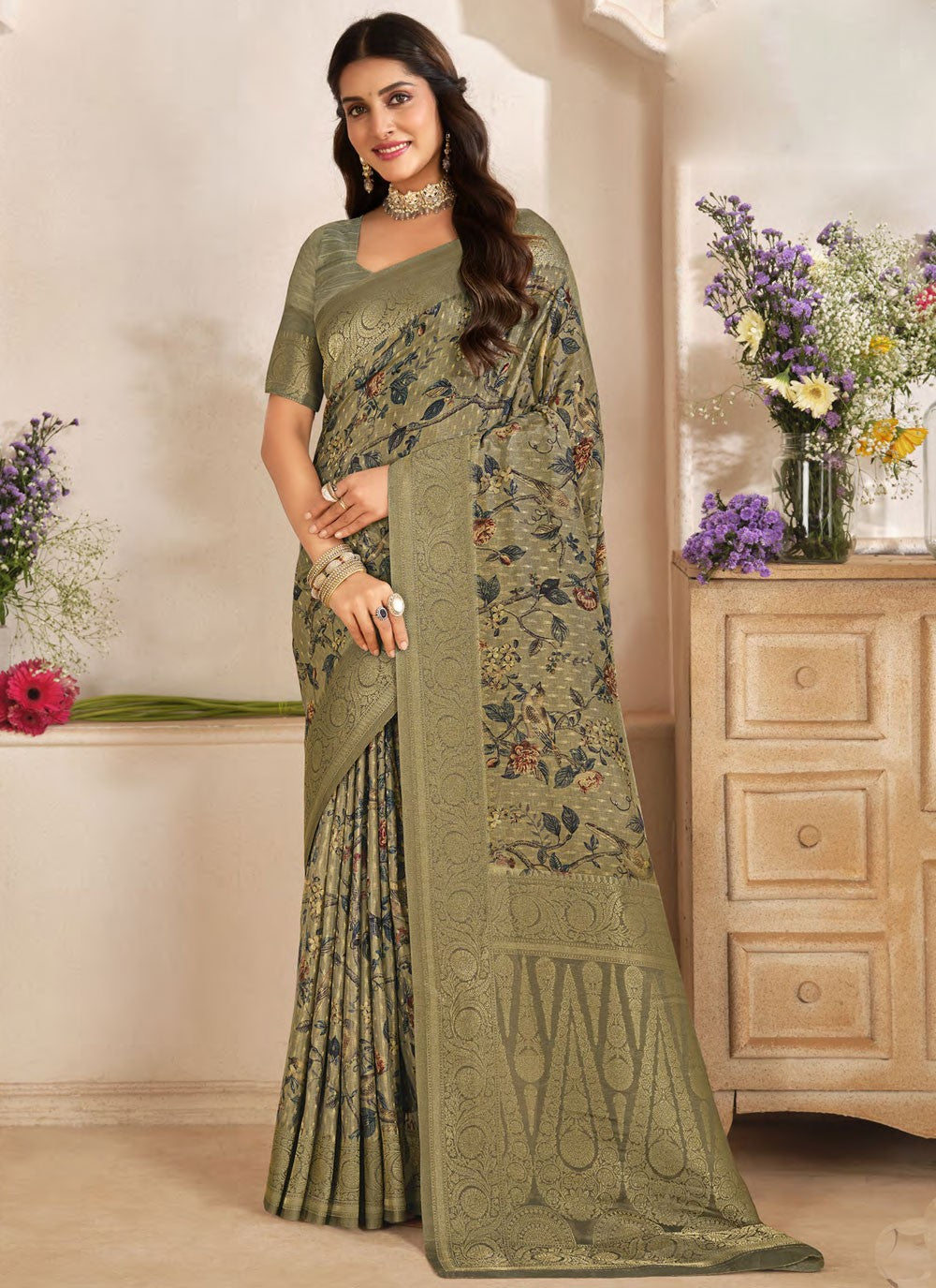 Designer Weaving Zari Brown, Grey Silk Saree S13320