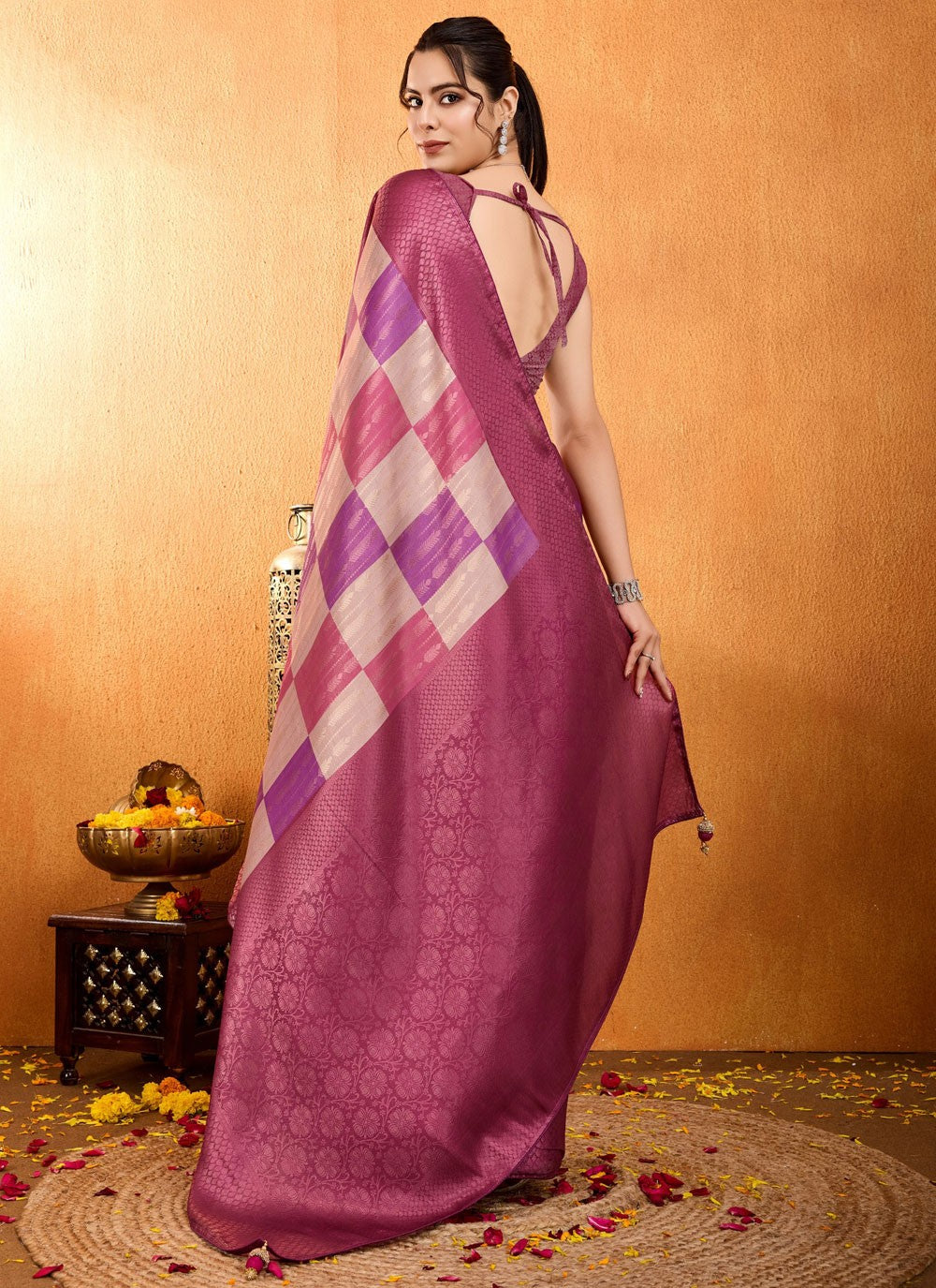 Weaving Zari Brocade Wine Saree S14176