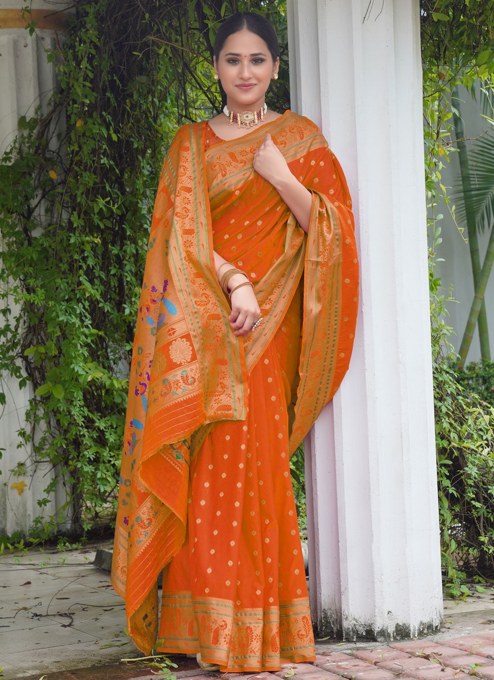 Designer Weaving Zari Orange Paithni S12647