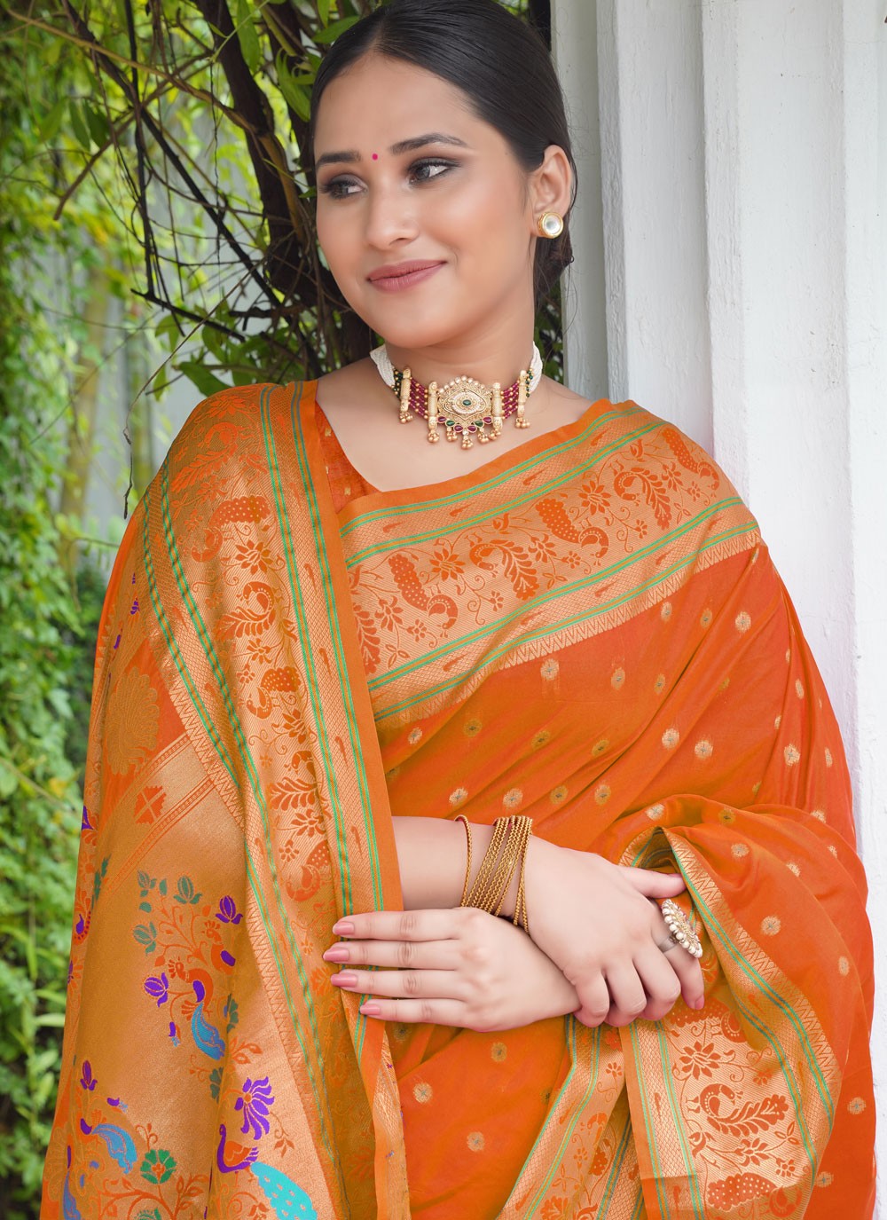 Designer Weaving Zari Orange Paithni S12647