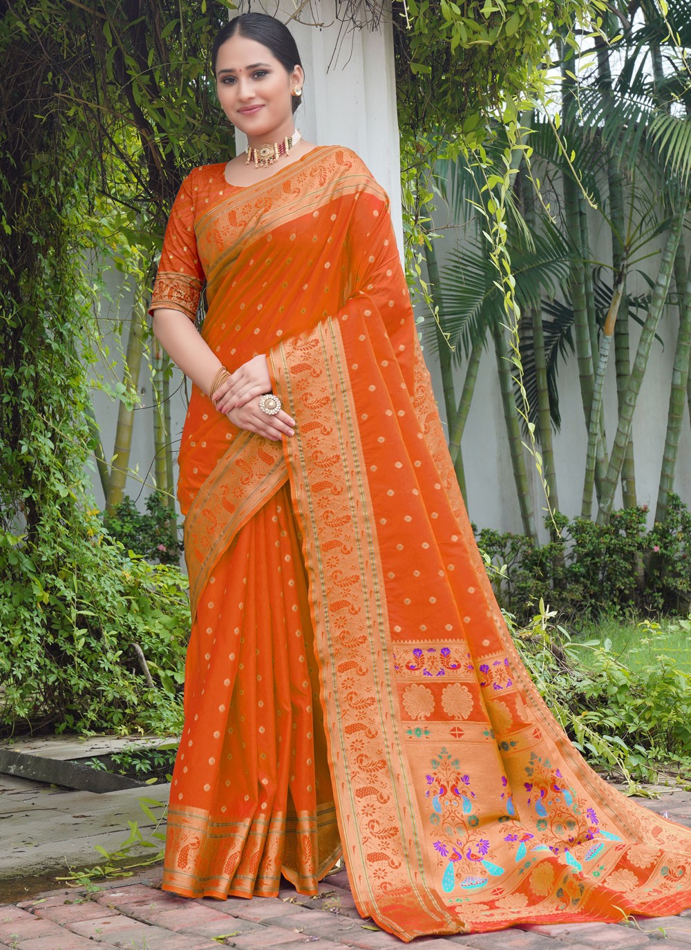 Designer Weaving Zari Orange Paithni S12647