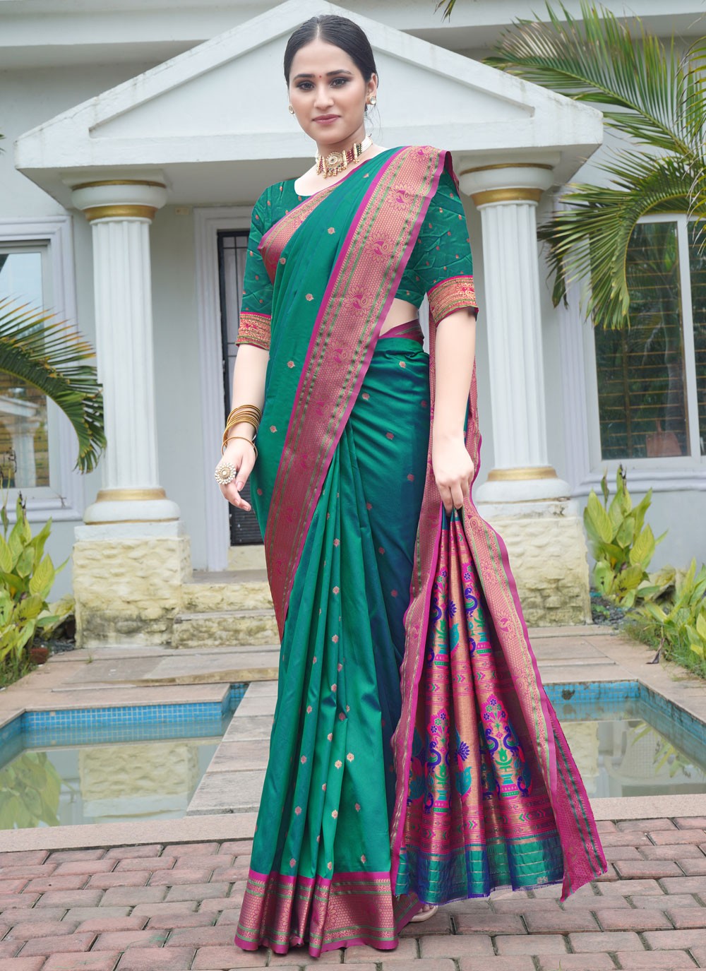 Designer Border Work Green, Teal Silk S12425