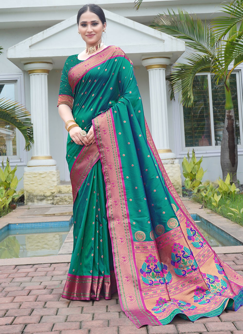 Designer Border Work Green, Teal Silk S12425