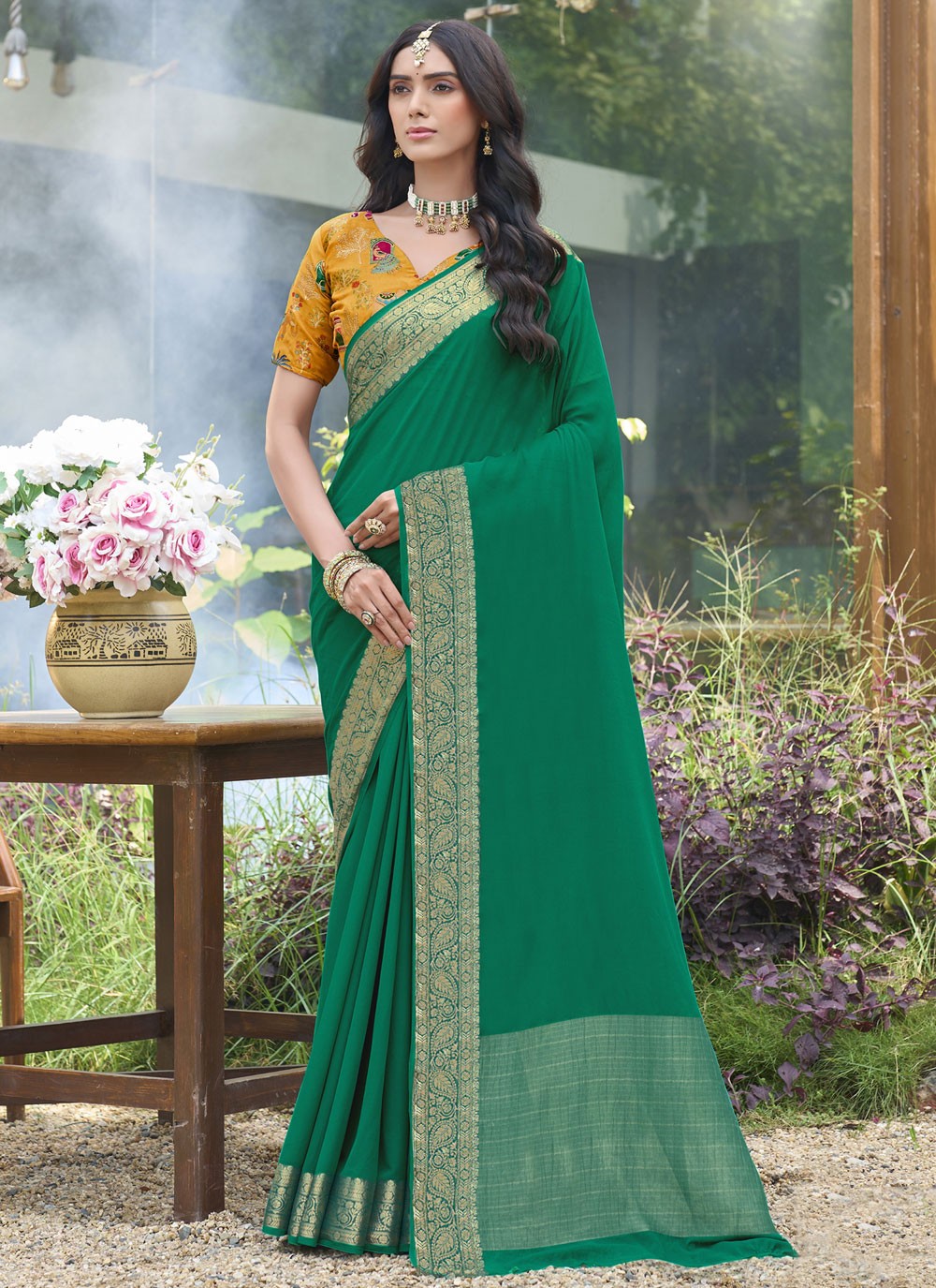 Green Silk Contemporary Saree Weaving Zari S20427