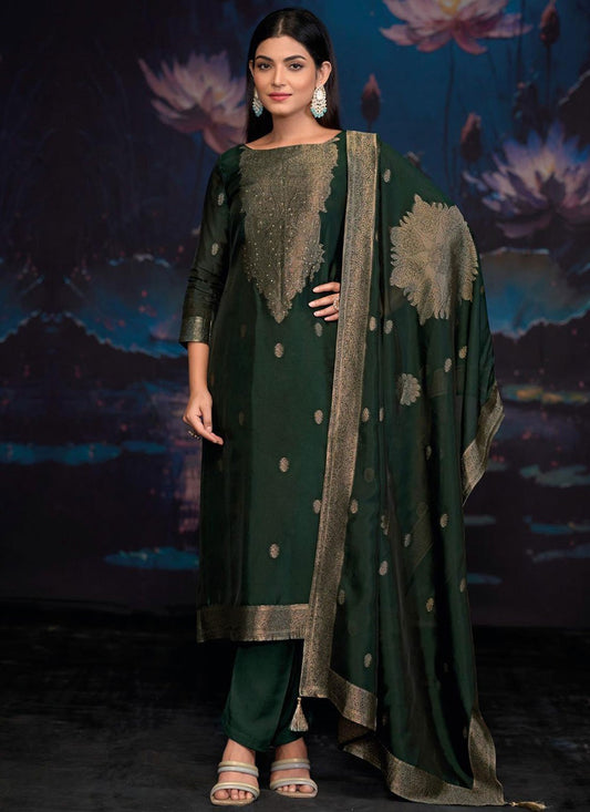 Weaving Zari Silk Green Pant Style Suit T6570