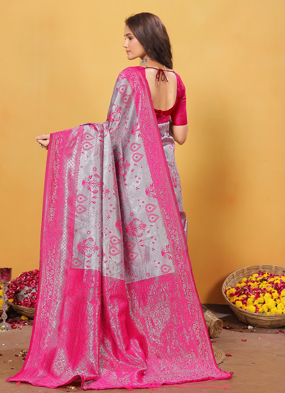 Weaving Zari Silk Grey Contemporary Saree S15378